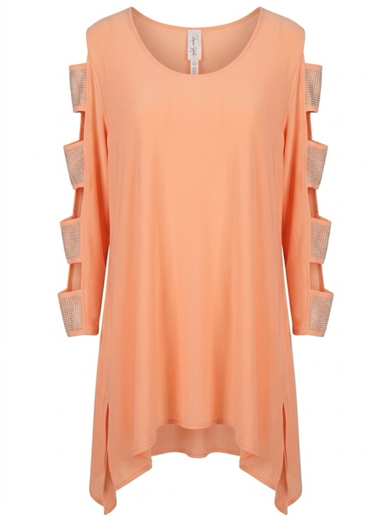 Come N See Tops - Peach Cold-Shoulder Tunic with Embellished Sleeve Straps